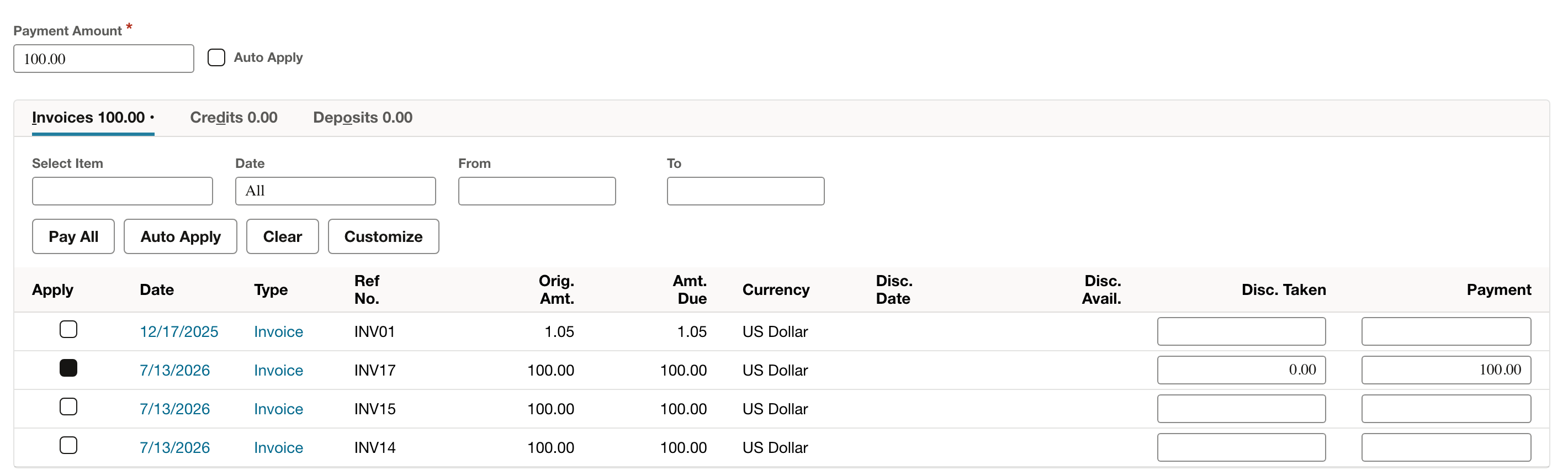 NetSuite customer payment Apply subtab with invoice INV17 and its application amount