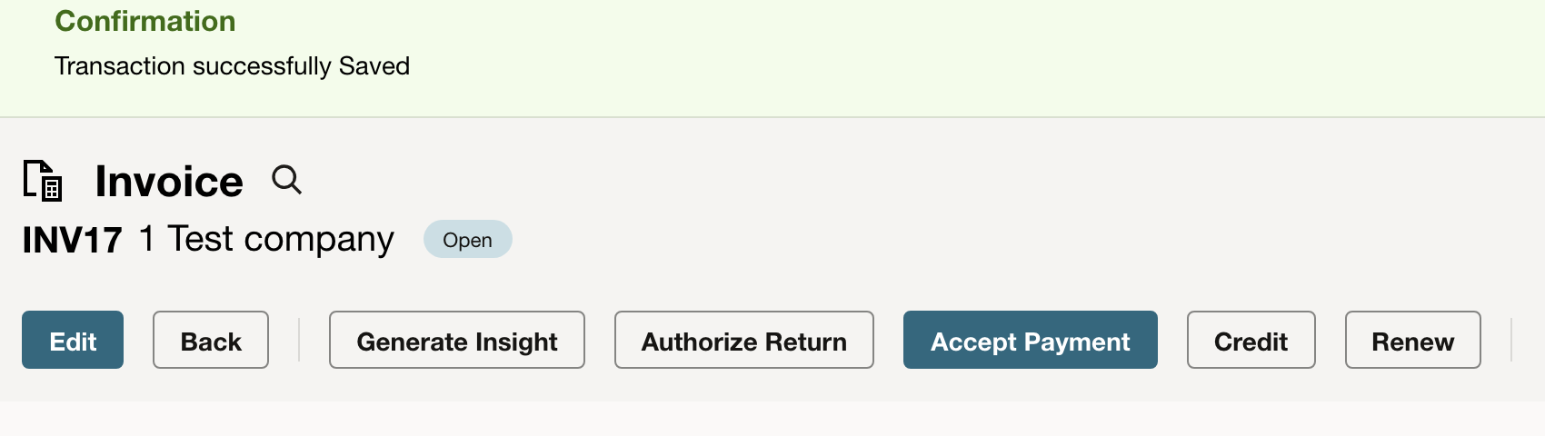 NetSuite invoice INV17 showing the Accept Payment action