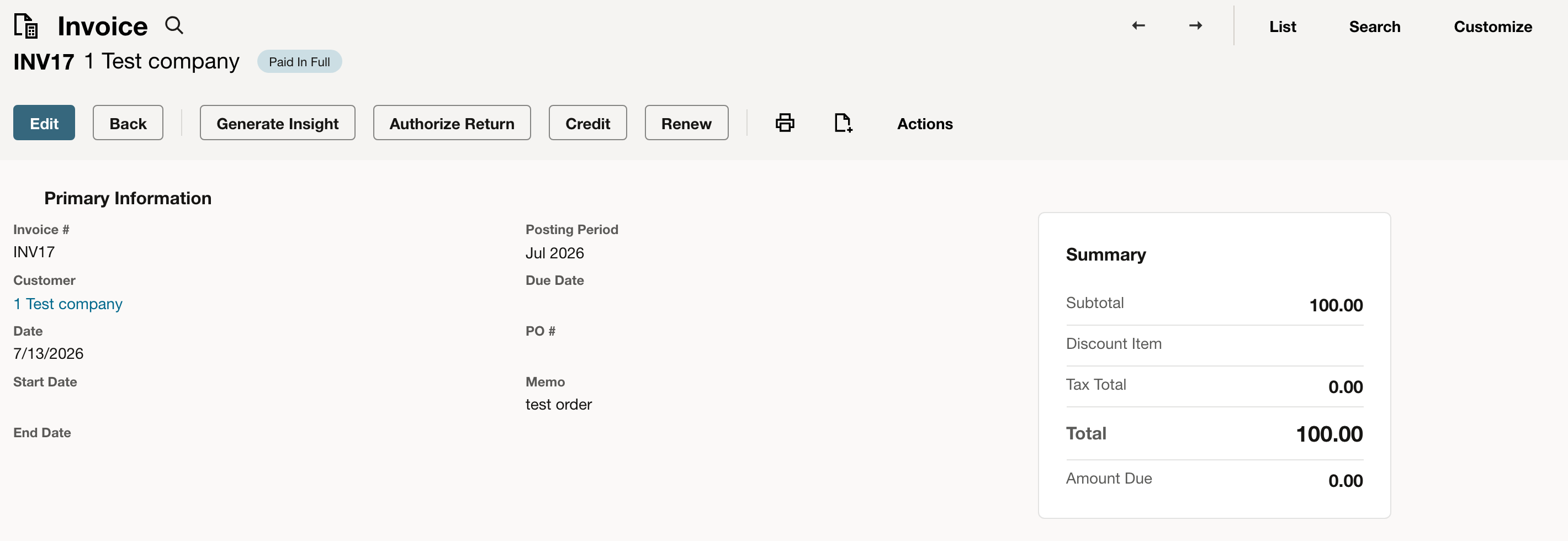NetSuite invoice INV17 showing Paid In Full and Amount Due 0.00 after the payment