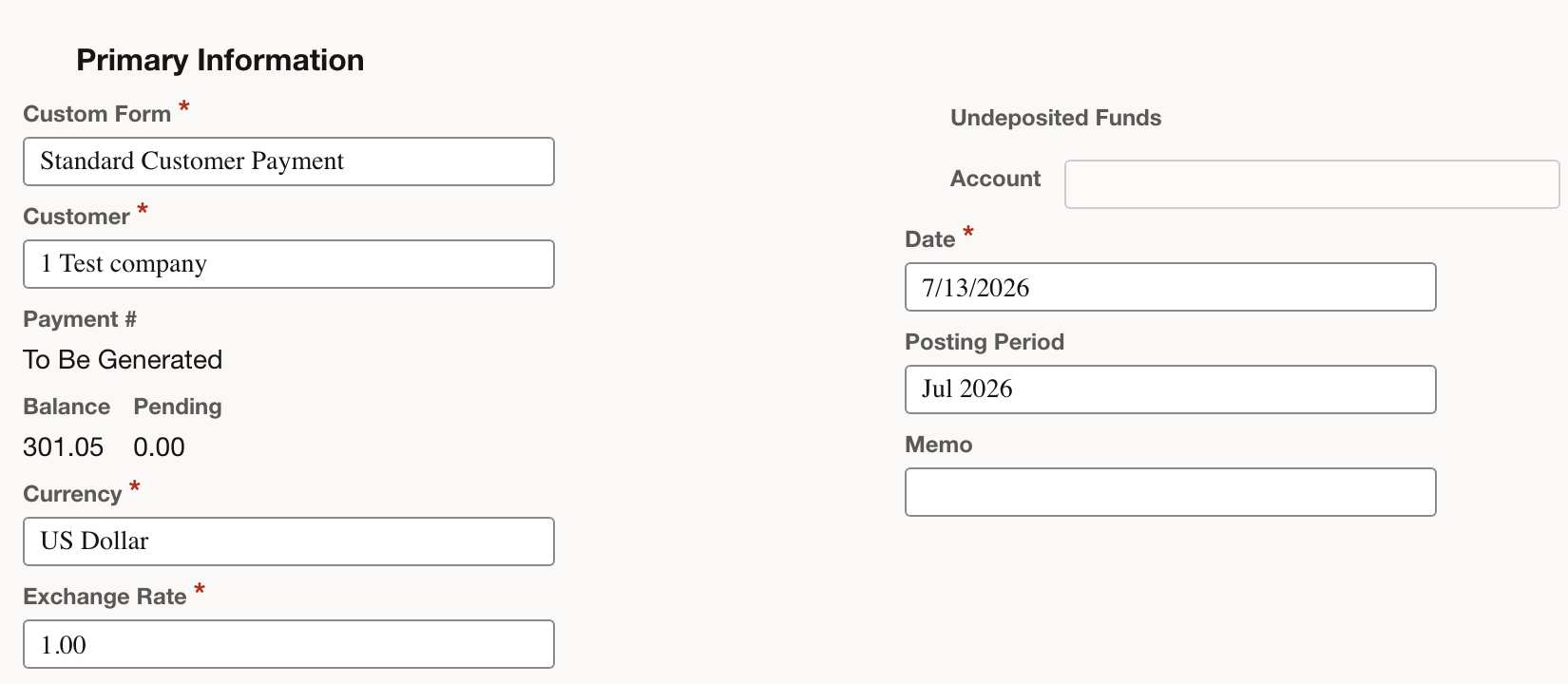 NetSuite customer payment form showing the customer, currency, and payment date