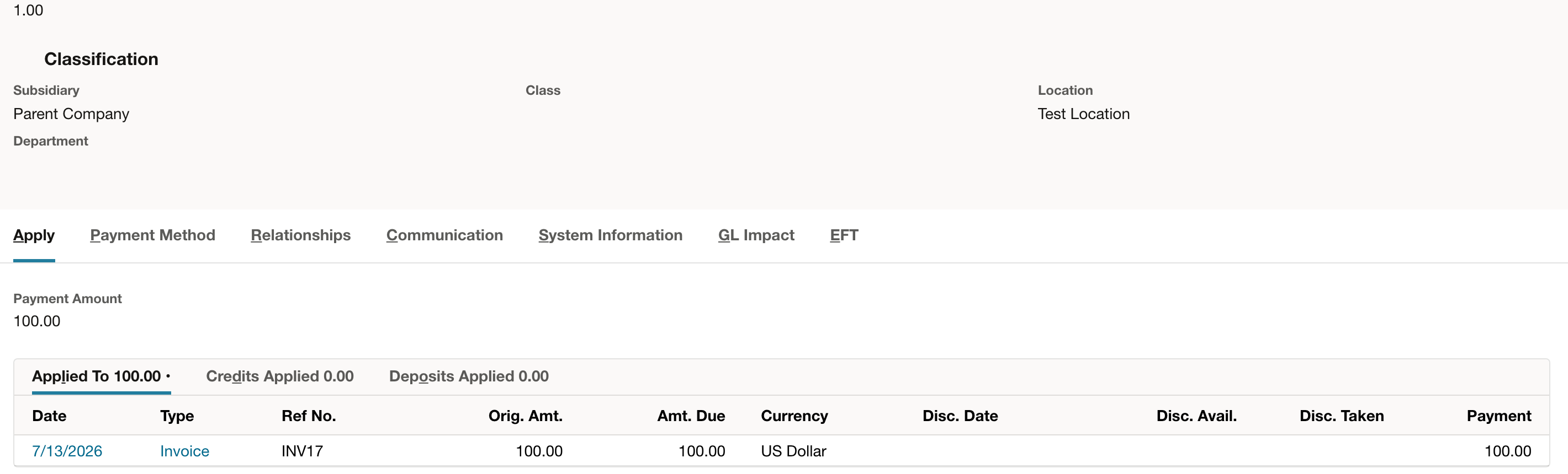 Saved NetSuite payment PYMT02 showing the amount applied to invoice INV17