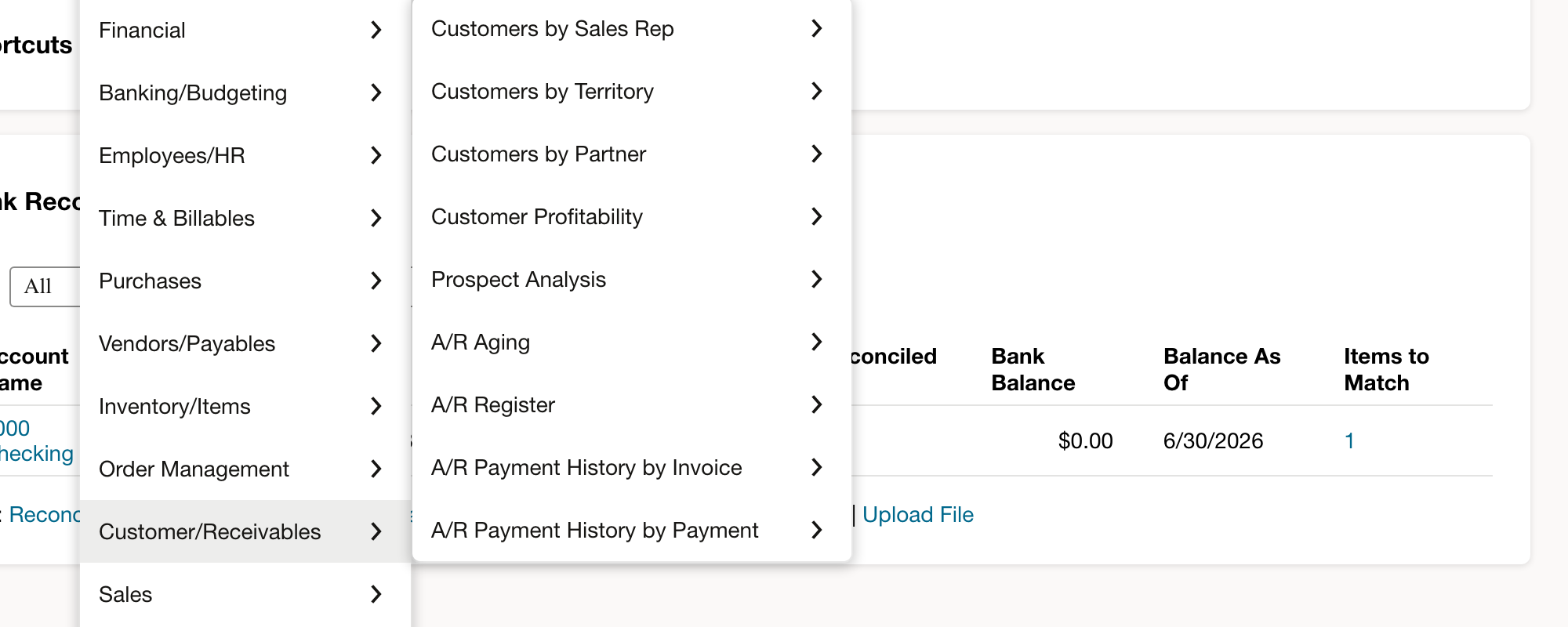 Customer Profitability is listed under Customer/Receivables.