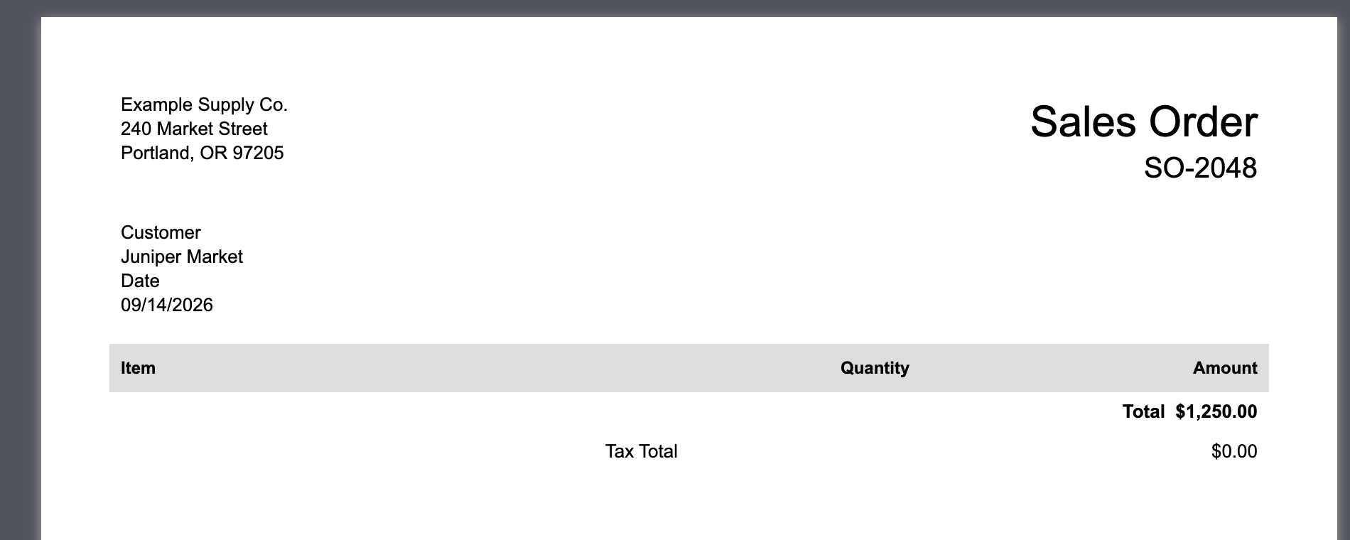 Starting NetSuite PDF for sales order SO-2048 with no Department and a Tax Total of zero