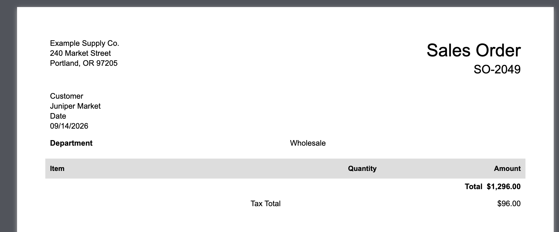 NetSuite sales order PDF for SO-2049 showing Department as Wholesale and Tax Total of 96 dollars