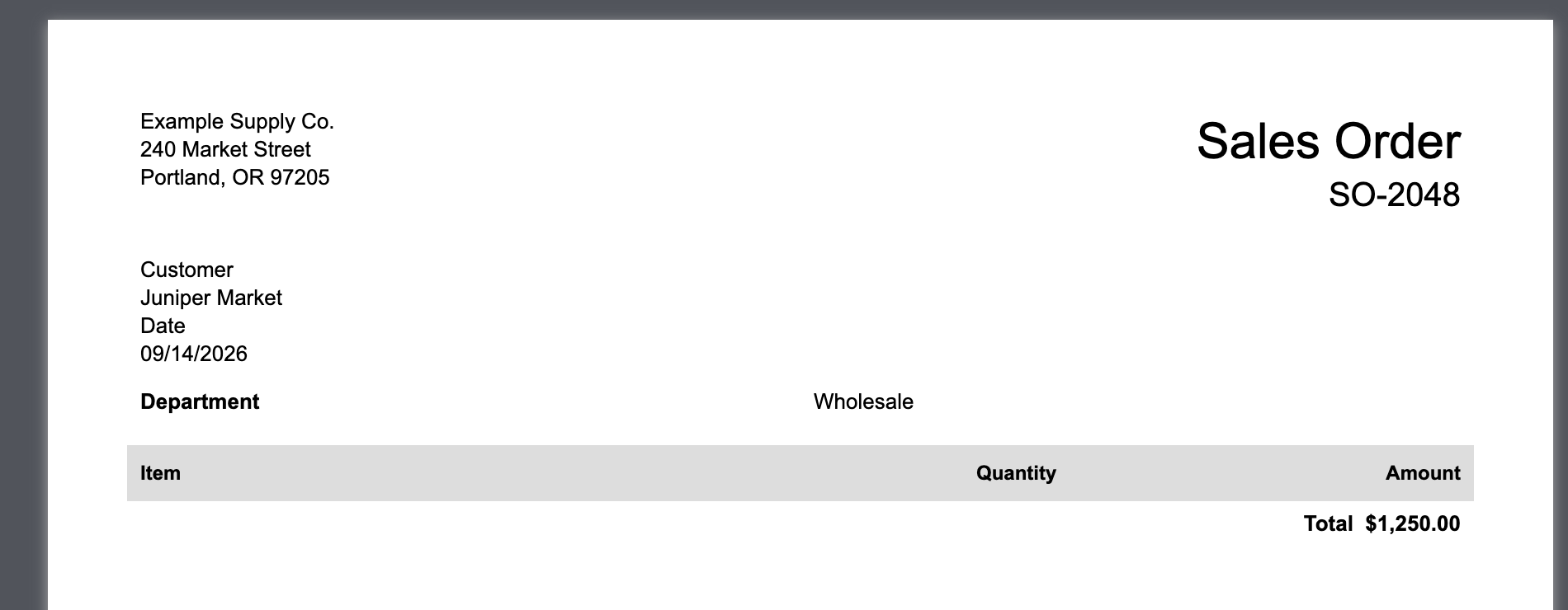 NetSuite sales order PDF for SO-2048 showing Department as Wholesale and no Tax Total row