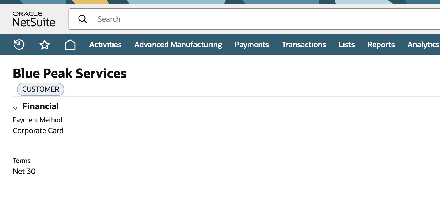 NetSuite customer record showing Corporate Card in the Payment Method field