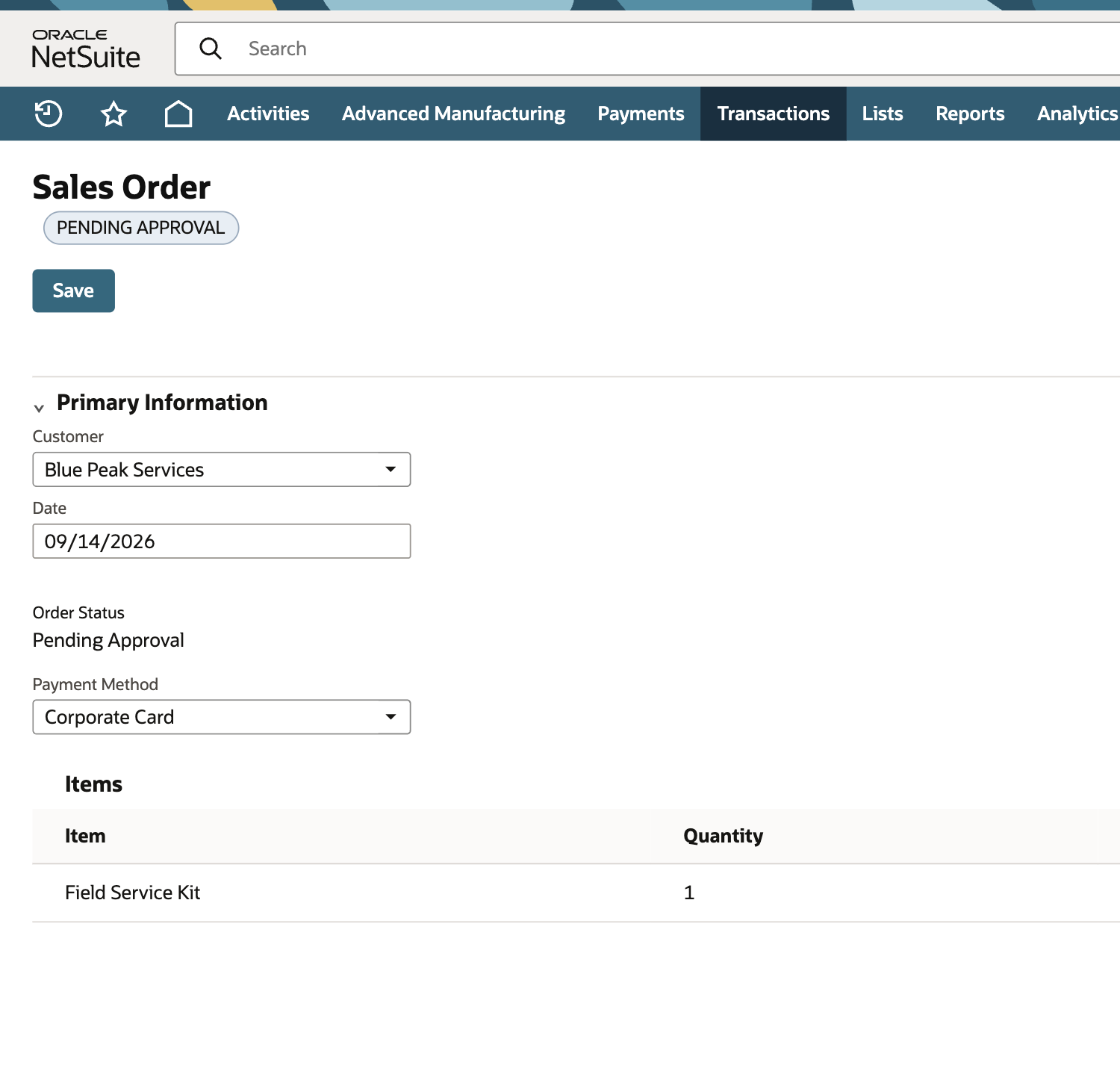 NetSuite sales order for Blue Peak Services showing Corporate Card as Payment Method