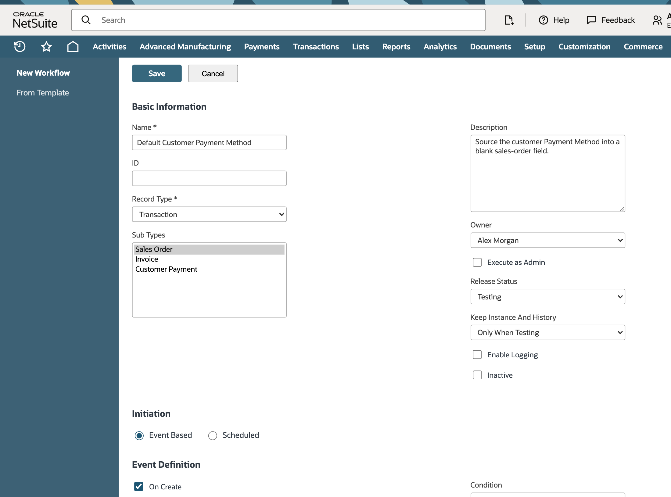 NetSuite Transaction workflow for Sales Orders showing On Create as its initiation event