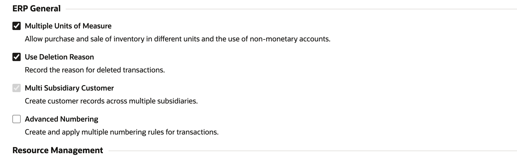 Enable Features, Company subtab, ERP General section: Multiple Units of Measure checked, Use Deletion Reason checked with the description Record the reason for deleted transactions, Multi Subsidiary Customer and Advanced Numbering. An arrow points to Use Deletion Reason.