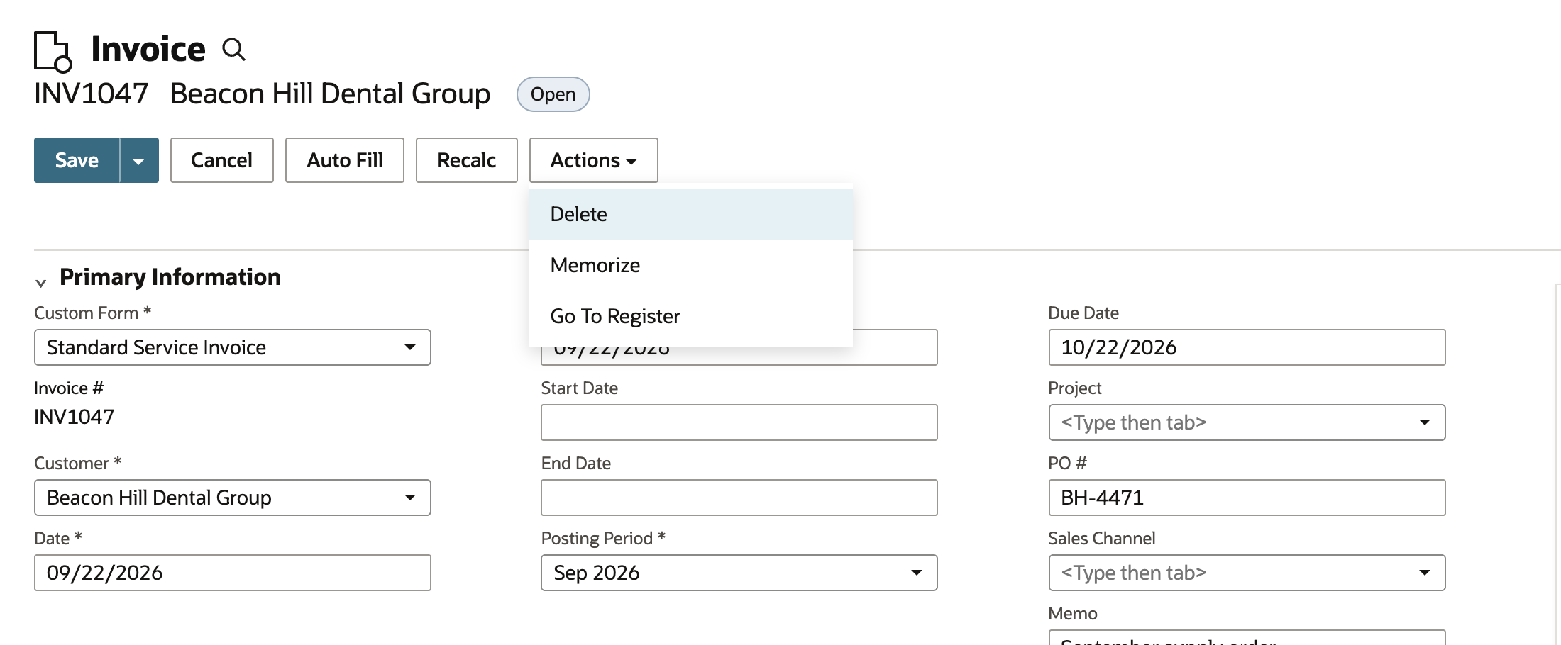 Invoice INV1047 in edit mode with the Actions menu open, listing Delete, Memorize and Go To Register.