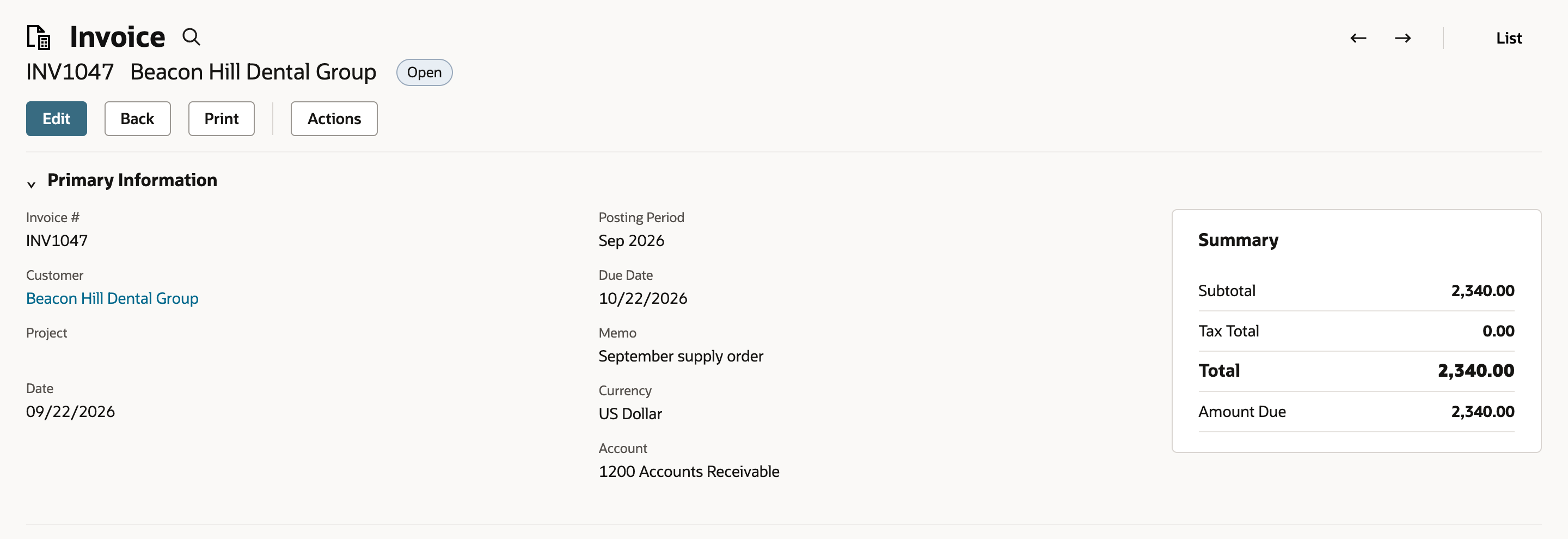 Invoice INV1047 for Beacon Hill Dental Group in view mode, status Open, with Edit, Back, Print and Actions buttons. The Summary shows Total 2,340.00 and Amount Due 2,340.00.