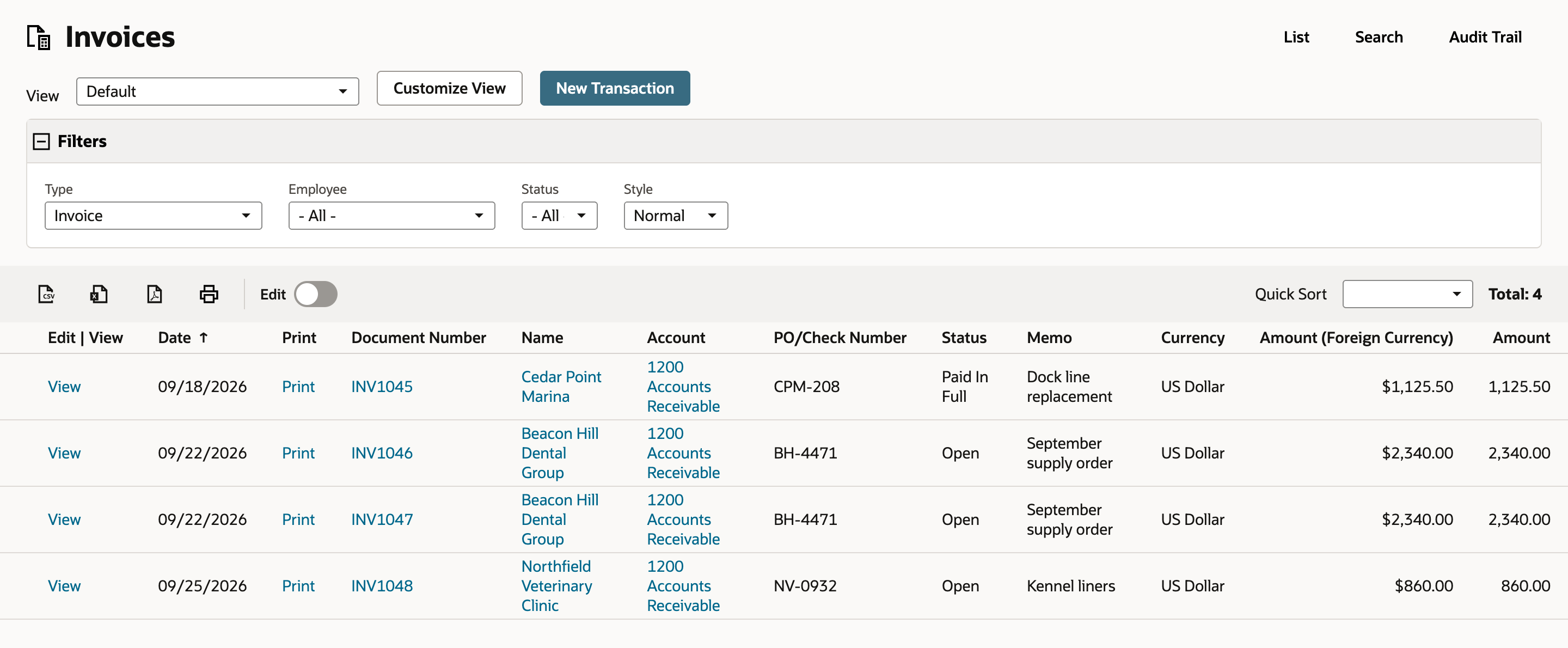 The Invoices list with Total: 4. INV1046 and INV1047 are both Beacon Hill Dental Group, dated 09/22/2026, PO/Check Number BH-4471, Status Open, memo September supply order, amount 2,340.00. INV1045 is Cedar Point Marina and INV1048 is Northfield Veterinary Clinic.