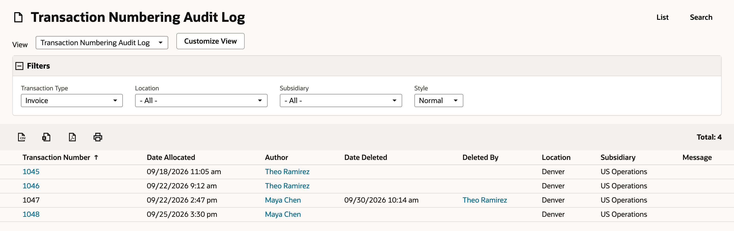 The Transaction Numbering Audit Log filtered to Invoice, Total: 4. Number 1047, allocated 09/22/2026 2:47 pm by Maya Chen, is plain text with Date Deleted 09/30/2026 10:14 am and Deleted By Theo Ramirez. An arrow points to the Date Deleted value.