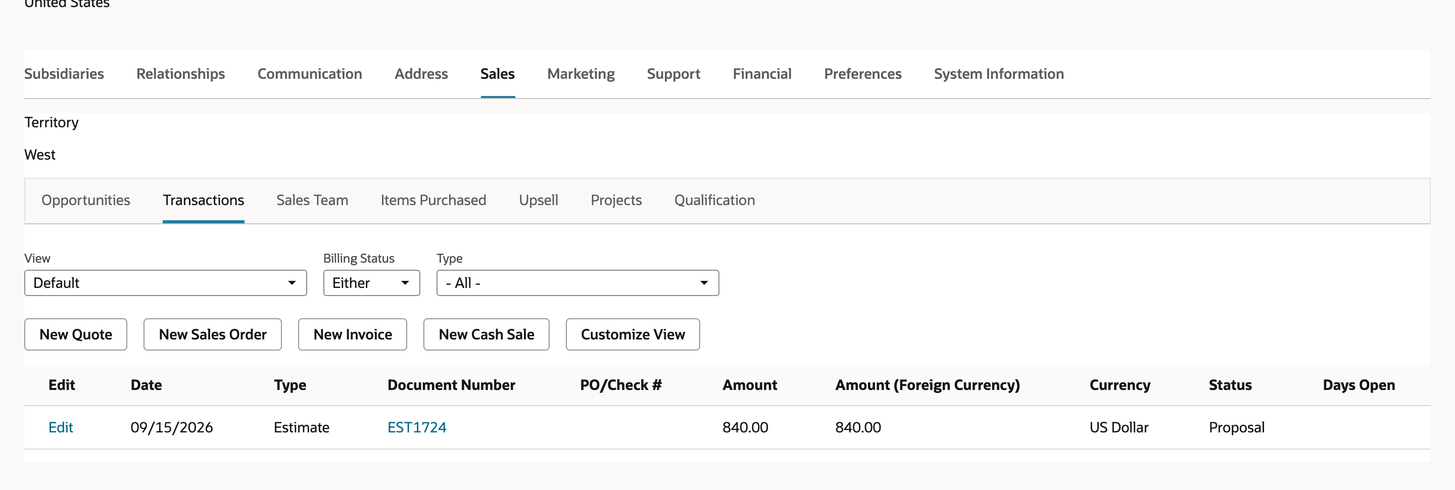 Sales > Transactions on the customer Summit Service Group with a single Estimate row, EST1724, 09/15/2026, 840.00, Status Proposal. The Memorized row is gone.