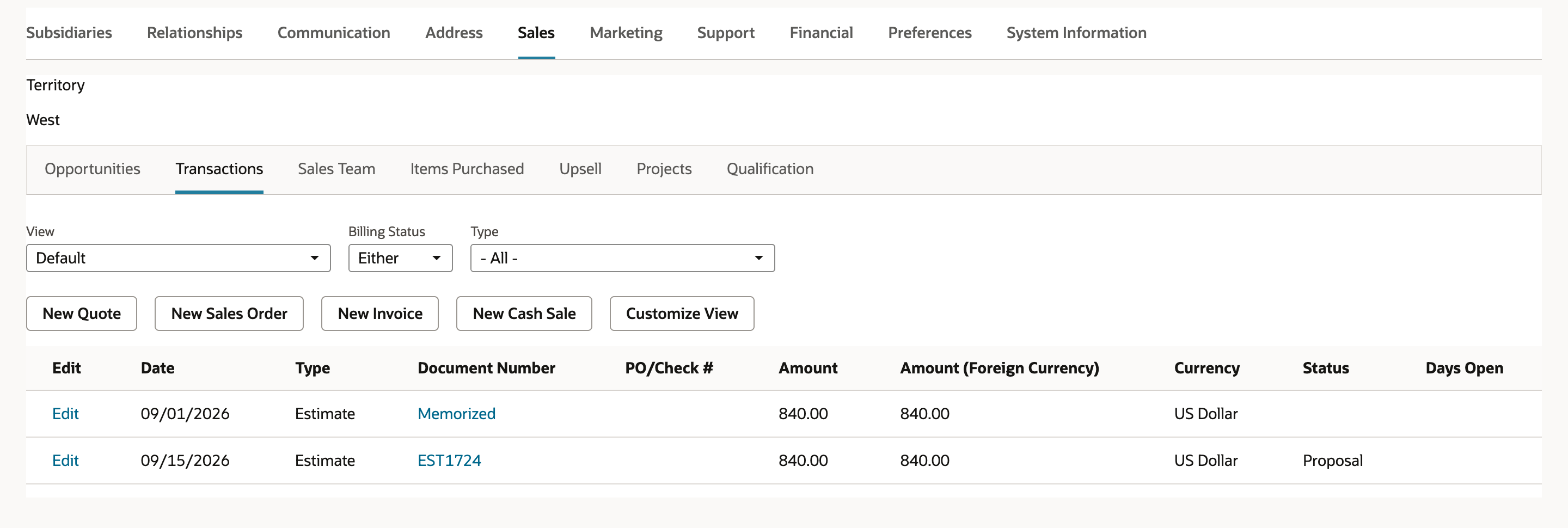 Sales > Transactions on the customer Summit Service Group. Two Estimate rows, both 840.00. The row dated 09/01/2026 has Memorized as its Document Number and no Status. EST1724, dated 09/15/2026, has Status Proposal. An arrow points to the Memorized link.