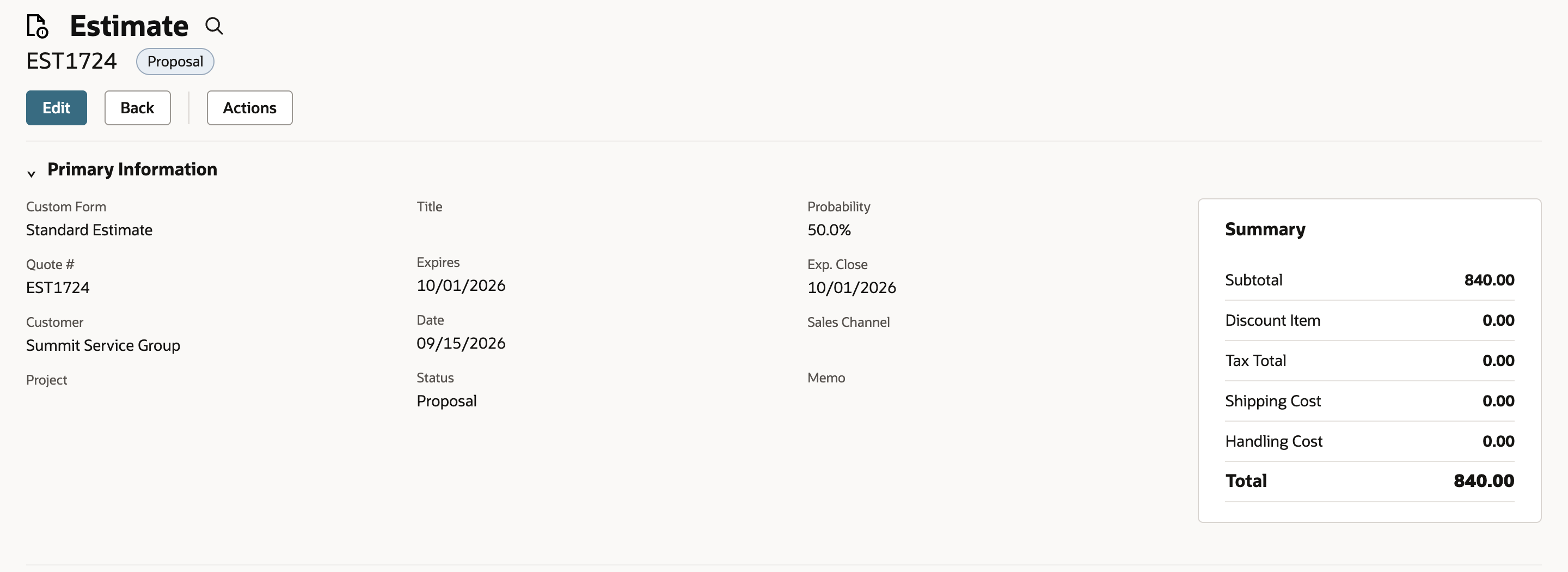 Estimate EST1724 for Summit Service Group, dated 09/15/2026, Status Proposal, with a Summary box showing Total 840.00.