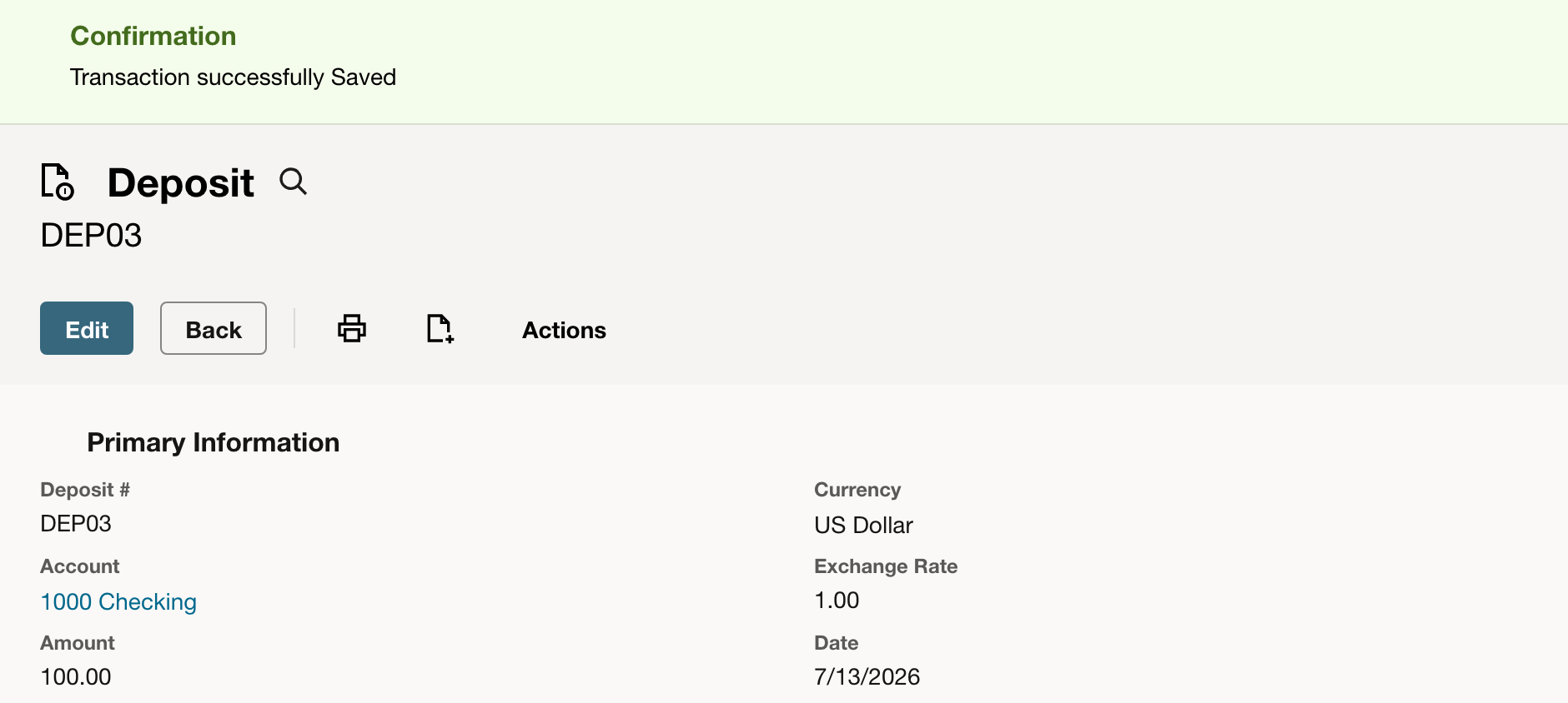 The saved record shows confirmation, the deposit amount, and the associated payment line.