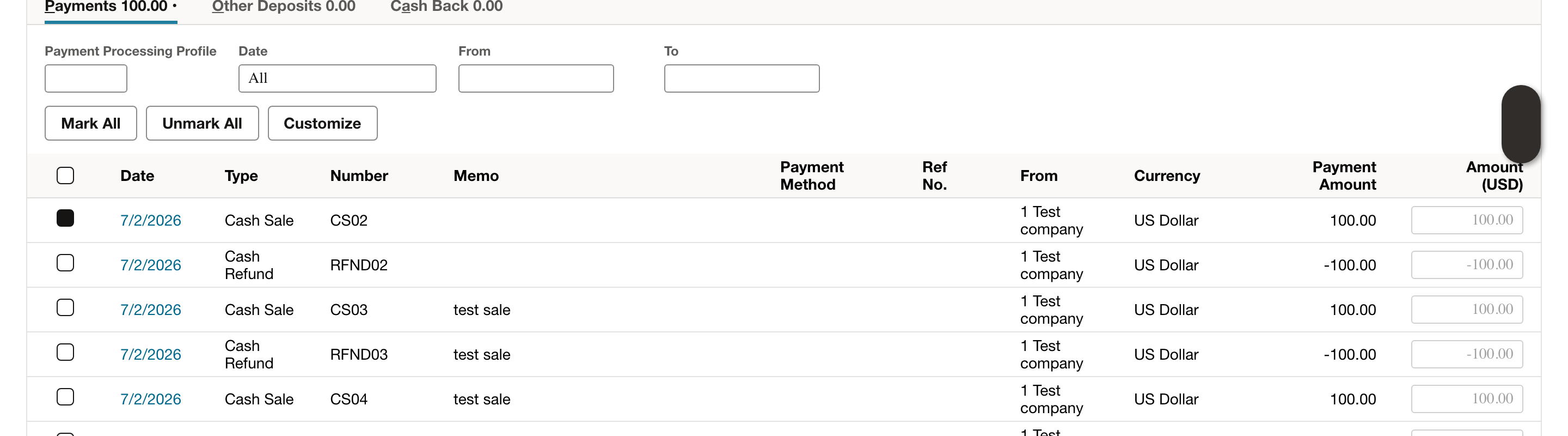 The selected payment is marked for deposit and the Payments total recalculates.