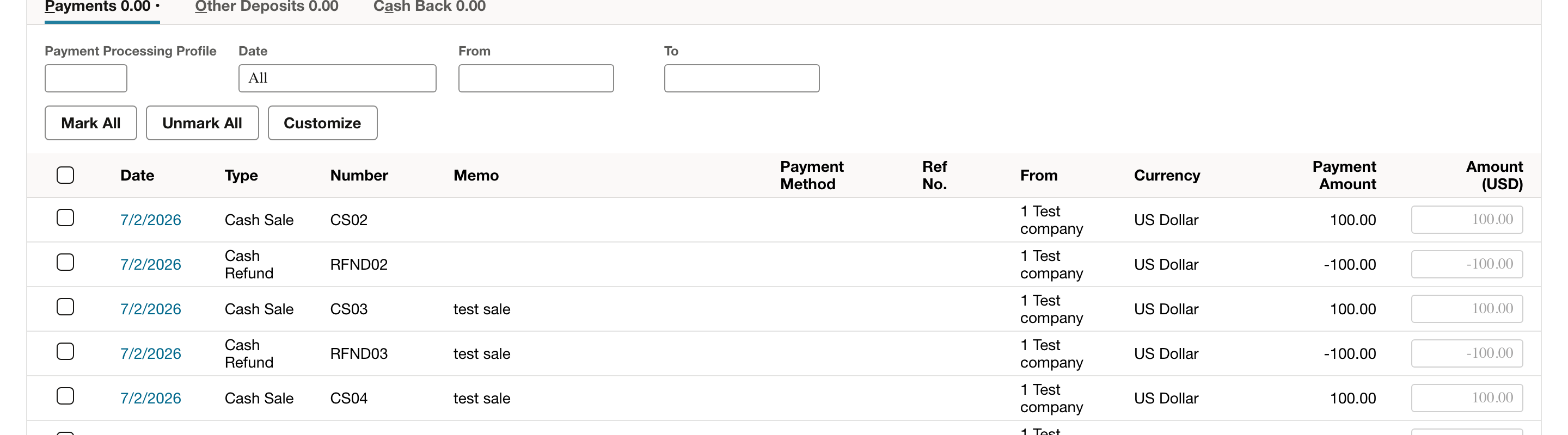 Review the available payment rows before marking a receipt for deposit.