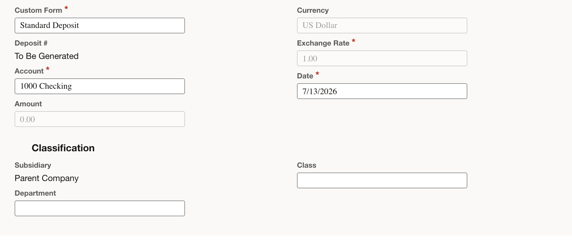 Select the bank account first so NetSuite applies the correct account and currency context.