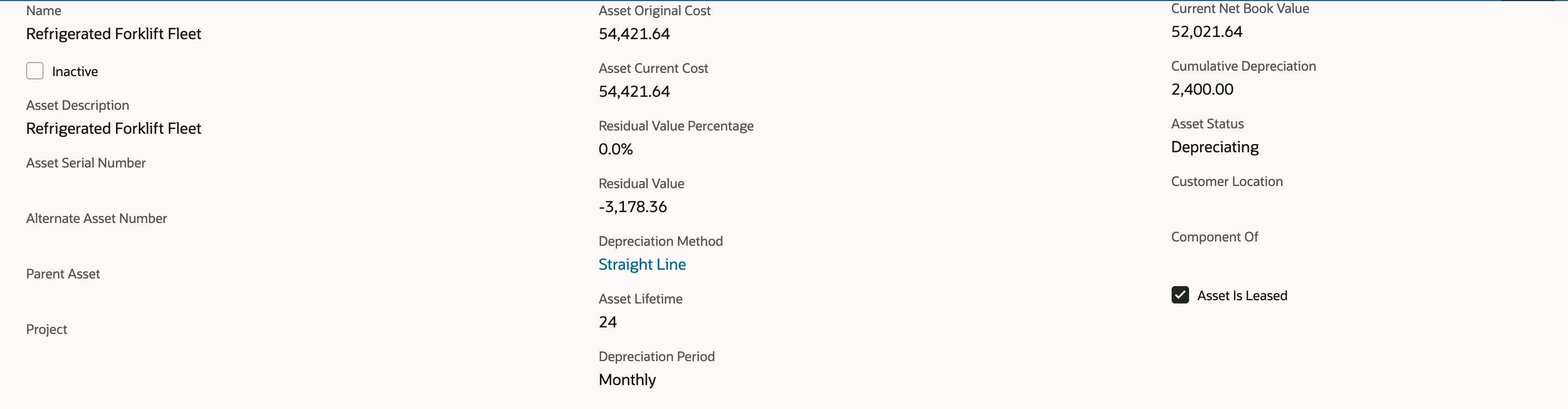 FAM Asset FAM000093 after depreciation: Cumulative Depreciation 2,400.00, Current Net Book Value 52,021.64 and Asset Status Depreciating.