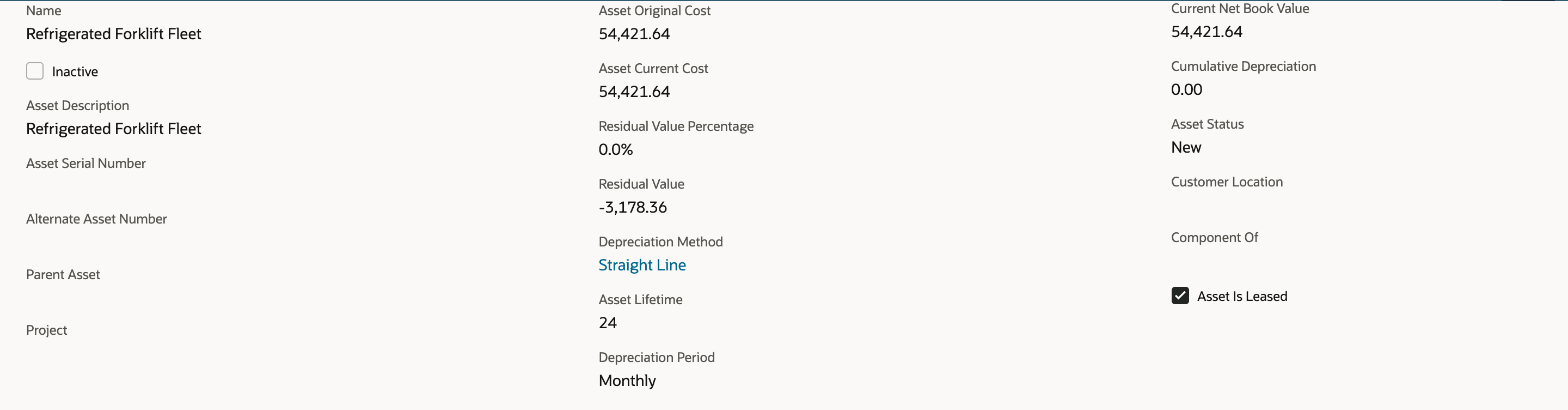 FAM Asset FAM000093 before depreciation: Asset Original Cost 54,421.64, Residual Value -3,178.36, Residual Value Percentage 0.0%, Asset Lifetime 24, Cumulative Depreciation 0.00, Asset Status New and Asset Is Leased checked.