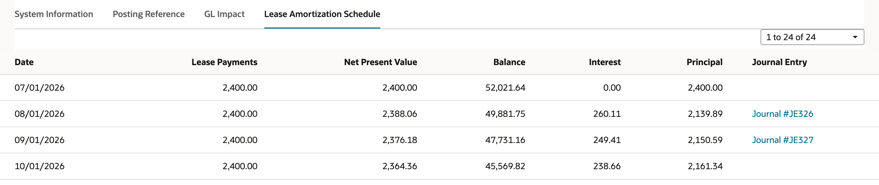 Lease Amortization Schedule for Lease 22: the 07/01/2026 row has Interest 0.00 and no journal, the 08/01/2026 row has Interest 260.11 on Journal #JE326 and the 09/01/2026 row has Interest 249.41 on Journal #JE327.