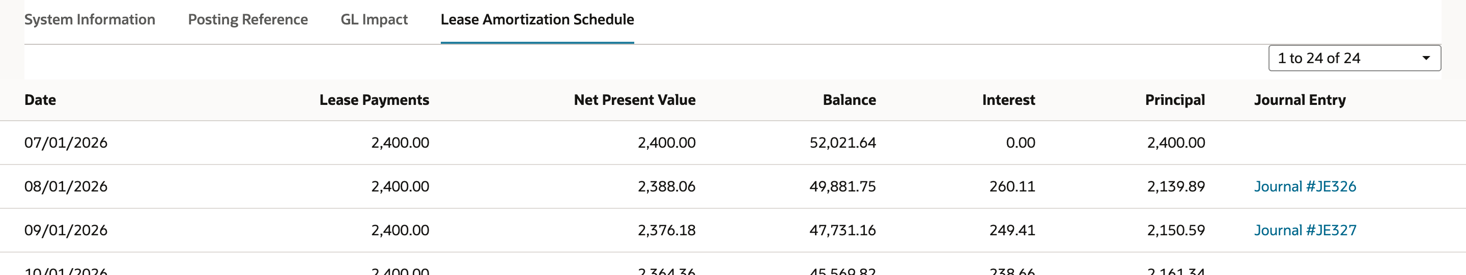 Lease Amortization Schedule for Lease 22 comparing July and August: 07/01/2026 Interest 0.00 Principal 2,400.00 Balance 52,021.64, and 08/01/2026 Interest 260.11 Principal 2,139.89 on Journal #JE326.