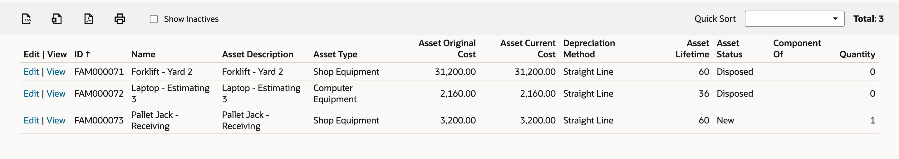 FAM Asset List, Total 3: FAM000071 Forklift - Yard 2 and FAM000072 Laptop - Estimating 3 with Asset Status Disposed and Quantity 0; FAM000073 Pallet Jack - Receiving, New, Quantity 1.