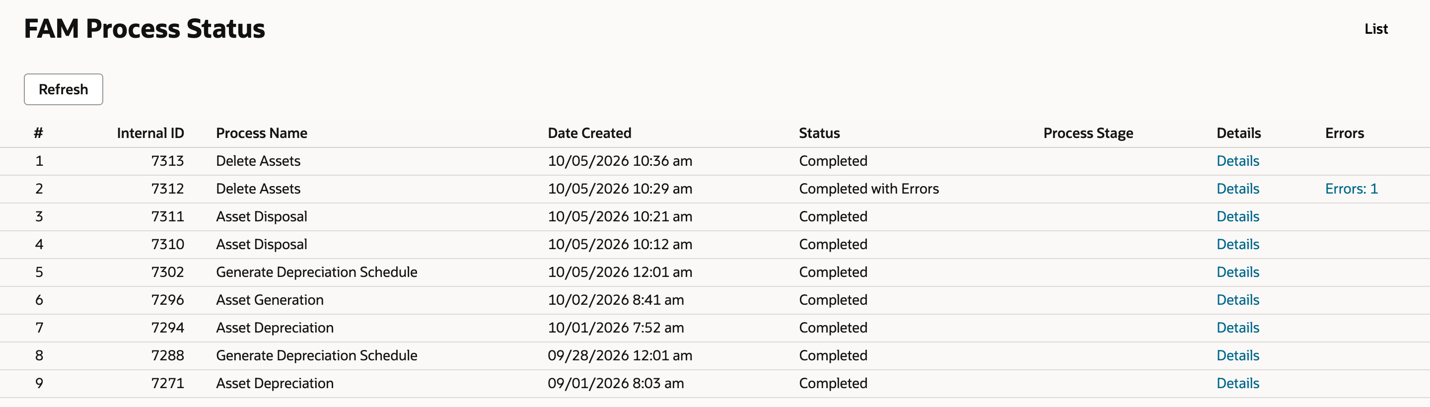 FAM Process Status: row 1, Internal ID 7313, Delete Assets, 10/05/2026 10:36 am, Completed, no errors; row 2, 7312, Delete Assets, Completed with Errors, Errors: 1.