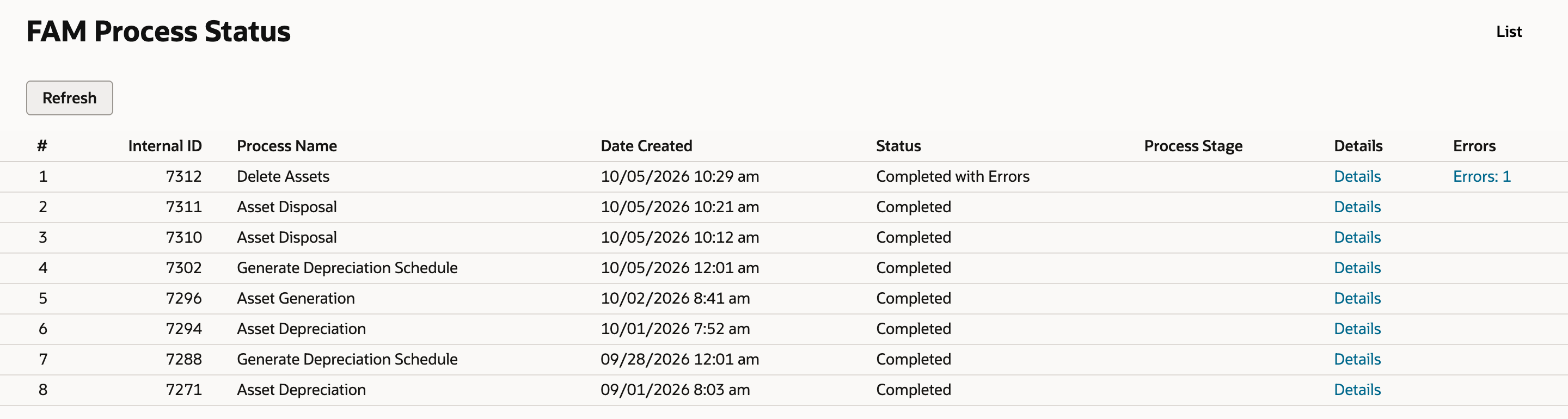 FAM Process Status: row 1, Internal ID 7312, Delete Assets, 10/05/2026 10:29 am, Status Completed with Errors, Errors: 1; below it the two completed Asset Disposal processes 7311 and 7310.
