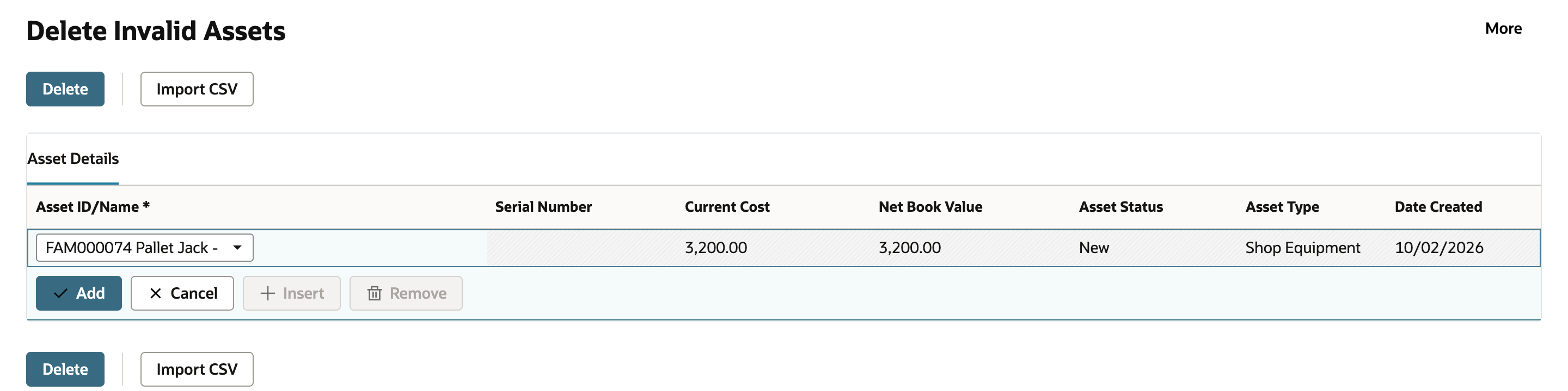 Delete Invalid Assets, Asset Details line: FAM000074 Pallet Jack - Receiving, Current Cost 3,200.00, Net Book Value 3,200.00, Asset Status New, Asset Type Shop Equipment, Date Created 10/02/2026, with Add, Cancel, Delete and Import CSV buttons.