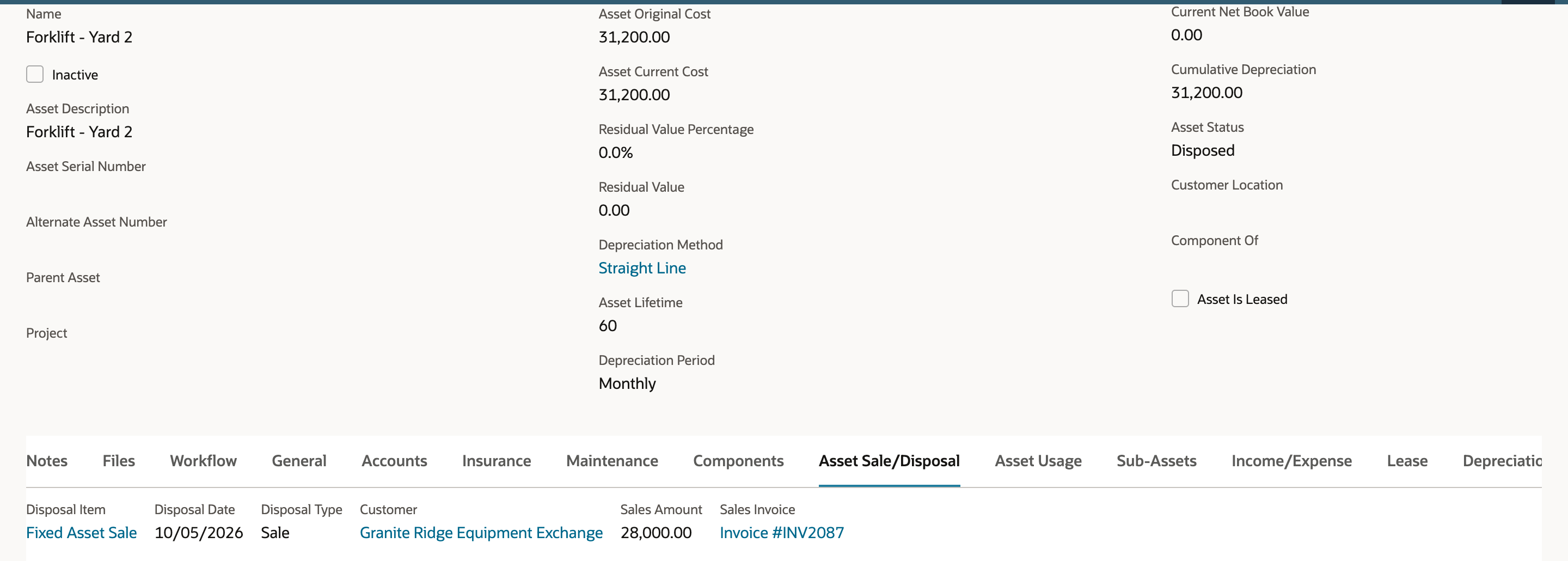 Asset Sale/Disposal subtab of FAM000071: Disposal Item Fixed Asset Sale, Disposal Date 10/05/2026, Disposal Type Sale, Customer Granite Ridge Equipment Exchange, Sales Amount 28,000.00, Sales Invoice Invoice #INV2087.