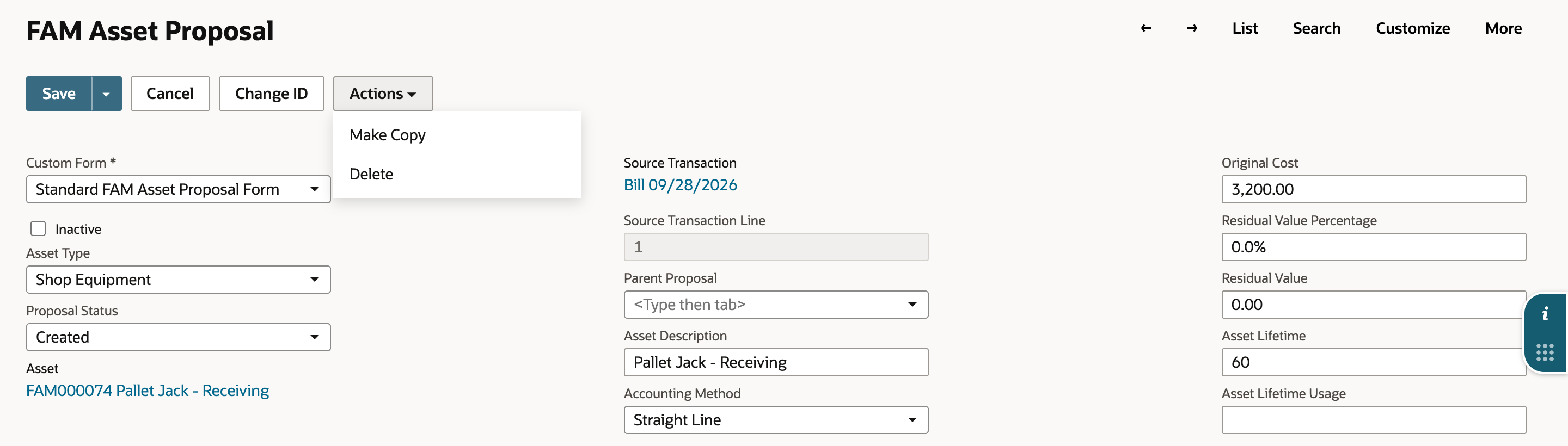 FAM Asset Proposal in edit mode with the Actions menu open showing Make Copy and Delete; Asset Type Shop Equipment, Proposal Status Created, Asset FAM000074 Pallet Jack - Receiving, Source Transaction Bill 09/28/2026, Source Transaction Line 1, Original Cost 3,200.00.
