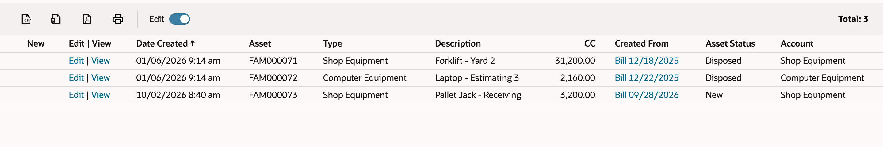 FAM Asset List Created From Proposals results, Total 3: FAM000071, FAM000072 and FAM000073 Pallet Jack - Receiving from Bill 09/28/2026; FAM000074 is no longer listed.