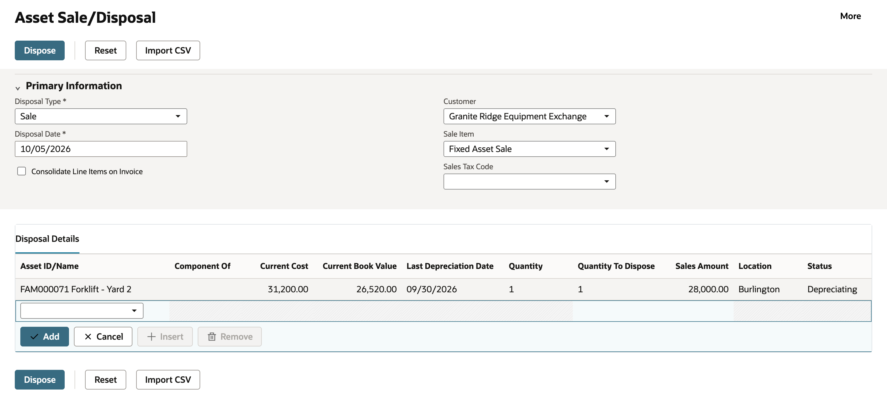 Asset Sale/Disposal with Disposal Type Sale, Disposal Date 10/05/2026, Customer Granite Ridge Equipment Exchange and Sale Item Fixed Asset Sale. The Disposal Details line FAM000071 Forklift - Yard 2 shows Current Cost 31,200.00, Current Book Value 26,520.00, Last Depreciation Date 09/30/2026, Quantity 1, Quantity To Dispose 1, Sales Amount 28,000.00, Location Burlington, Status Depreciating.
