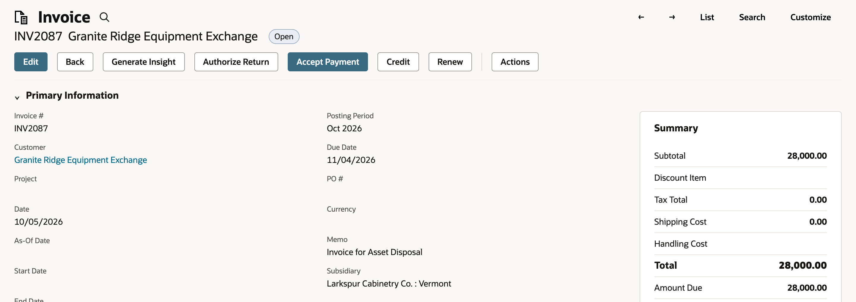 Invoice INV2087 Granite Ridge Equipment Exchange, status Open: Date 10/05/2026, Posting Period Oct 2026, Memo Invoice for Asset Disposal, Subsidiary Larkspur Cabinetry Co. : Vermont. Summary: Subtotal 28,000.00, Tax Total 0.00, Shipping Cost 0.00, Total 28,000.00, Amount Due 28,000.00.