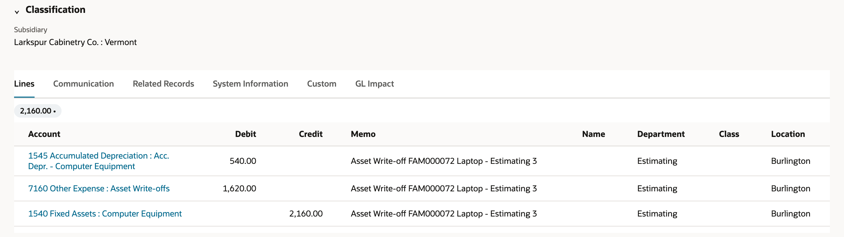 Journal JE3656, Lines subtab: debit 1545 Accumulated Depreciation : Acc. Depr. - Computer Equipment 540.00; debit 7160 Other Expense : Asset Write-offs 1,620.00; credit 1540 Fixed Assets : Computer Equipment 2,160.00; memo Asset Write-off FAM000072 Laptop - Estimating 3.