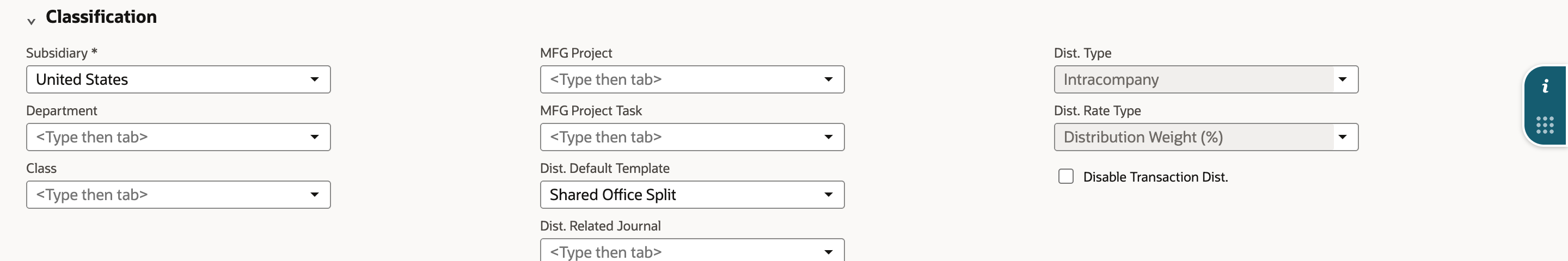 Bill Classification section: Dist. Default Template Shared Office Split, Dist. Type Intracompany and Dist. Rate Type Distribution Weight (%) greyed out.