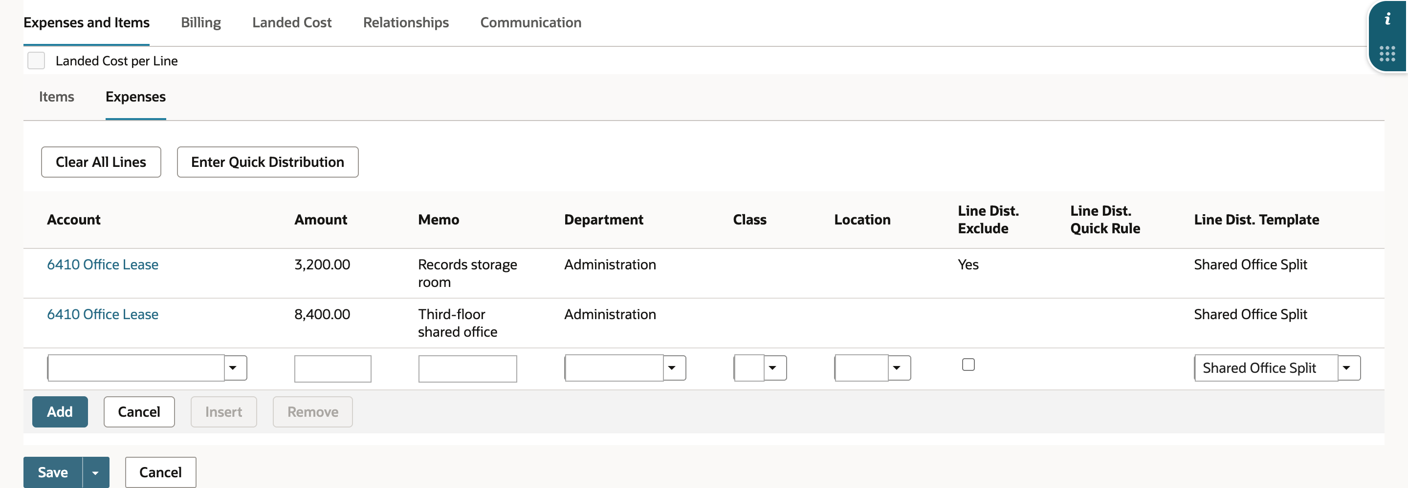 Expenses subtab with two 6410 Office Lease lines in Administration: 3,200.00 Records storage room with Line Dist. Exclude Yes, and 8,400.00 Third-floor shared office; both show Line Dist. Template Shared Office Split.