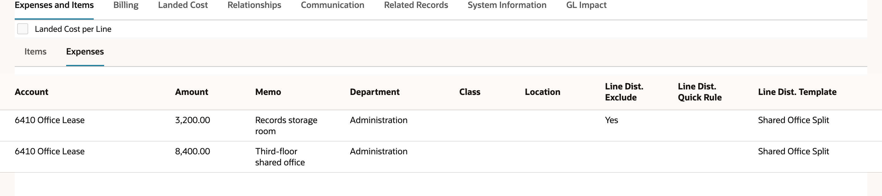 Saved bill Expenses subtab: 3,200.00 Records storage room with Line Dist. Exclude Yes, and 8,400.00 Third-floor shared office, both Administration and Shared Office Split.