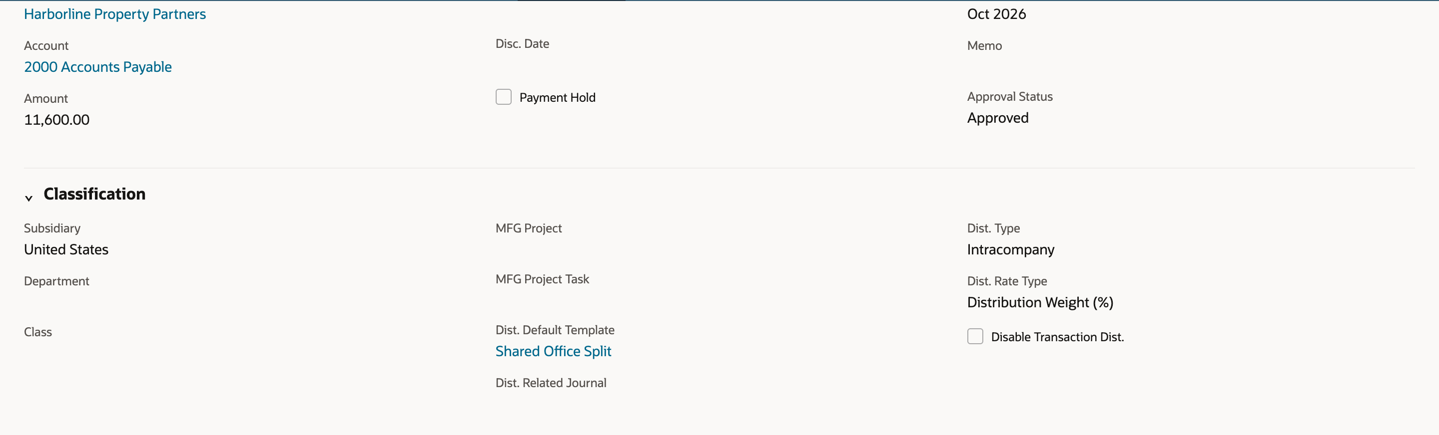 Saved bill HPP-1027 from Harborline Property Partners: Amount 11,600.00, Dist. Default Template Shared Office Split, Dist. Type Intracompany, Dist. Rate Type Distribution Weight (%), Dist. Related Journal empty.
