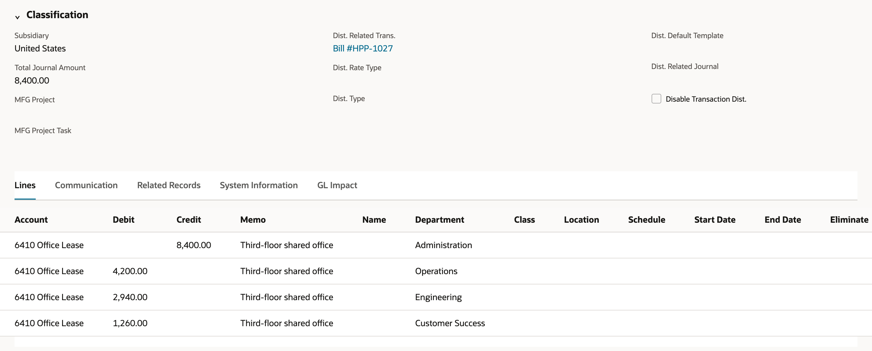 Journal JE318 lines on 6410 Office Lease: credit 8,400.00 Administration; debits 4,200.00 Operations, 2,940.00 Engineering and 1,260.00 Customer Success, all with memo Third-floor shared office.