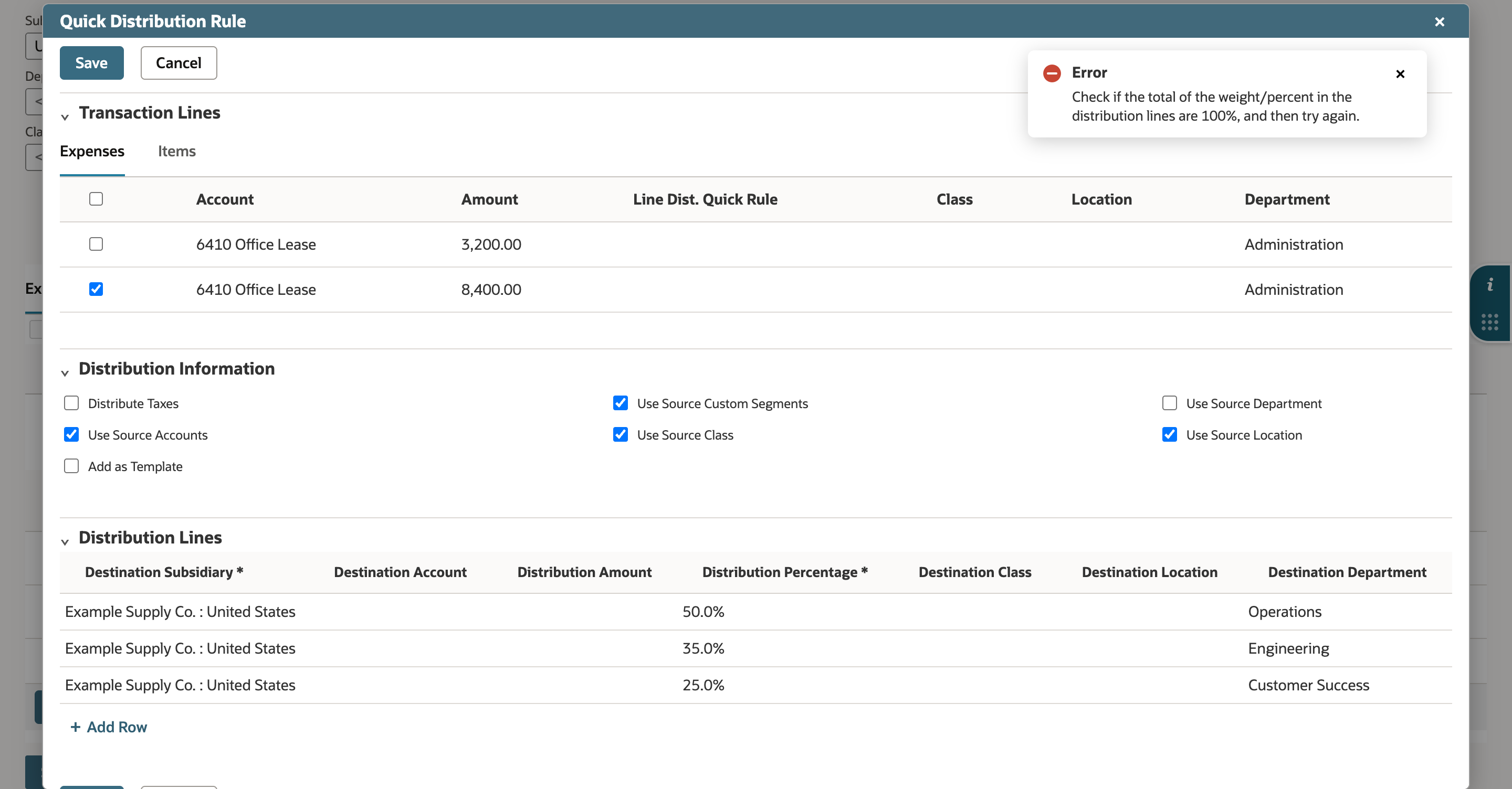 Error message in the Quick Distribution Rule window: Check if the total of the weight/percent in the distribution lines are 100%, and then try again. Operations now reads 50.0%.