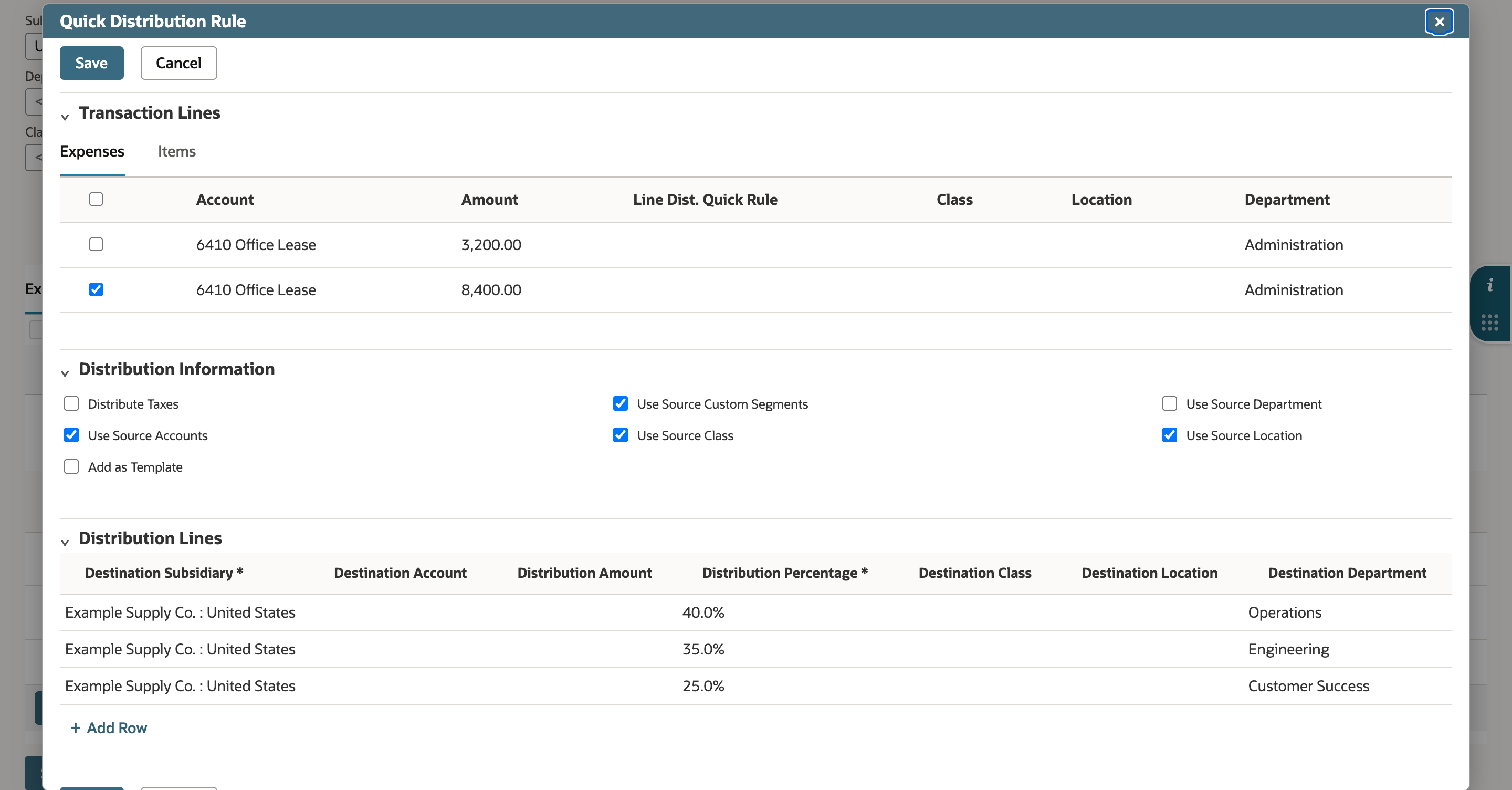 Quick Distribution Rule window: the 8,400.00 line checked under Transaction Lines, the template's Use Source settings, and distribution lines at 40.0%, 35.0% and 25.0%.
