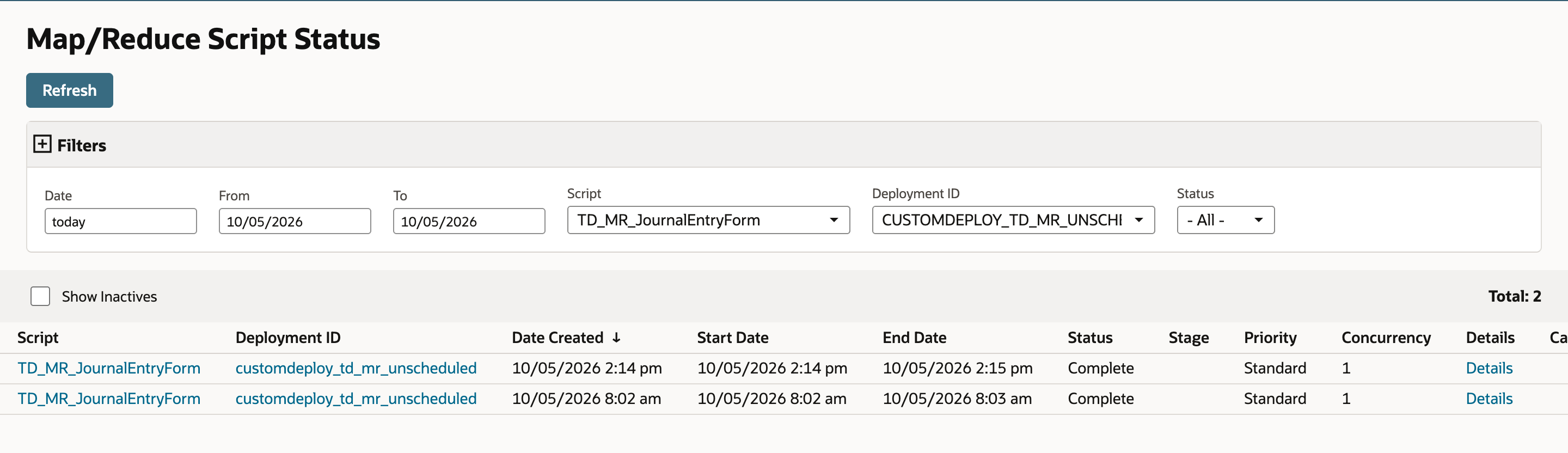 Map/Reduce Script Status: the 10/05/2026 2:14 pm run is Complete, ended 10/05/2026 2:15 pm.