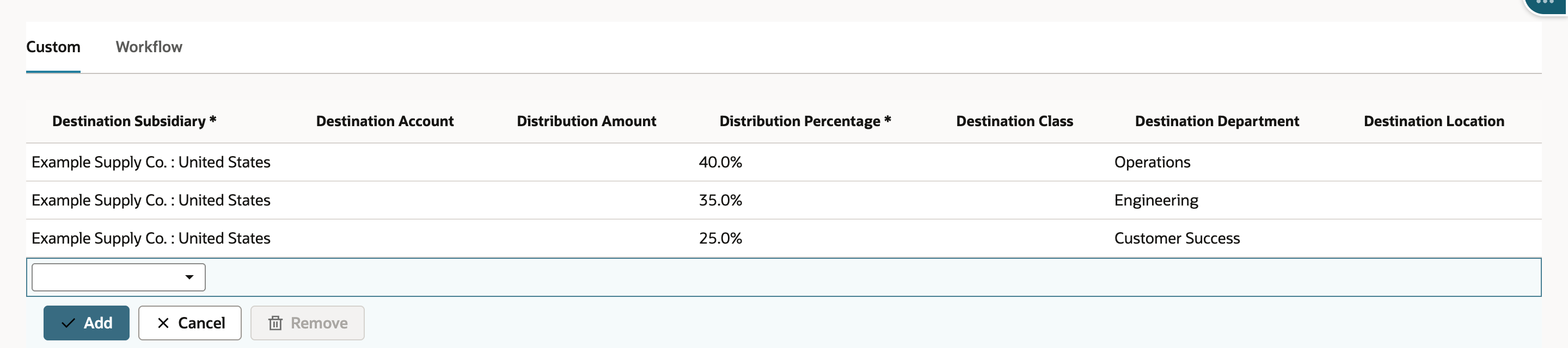 Three template lines: 40.0% Operations, 35.0% Engineering, 25.0% Customer Success, each for the same destination subsidiary.