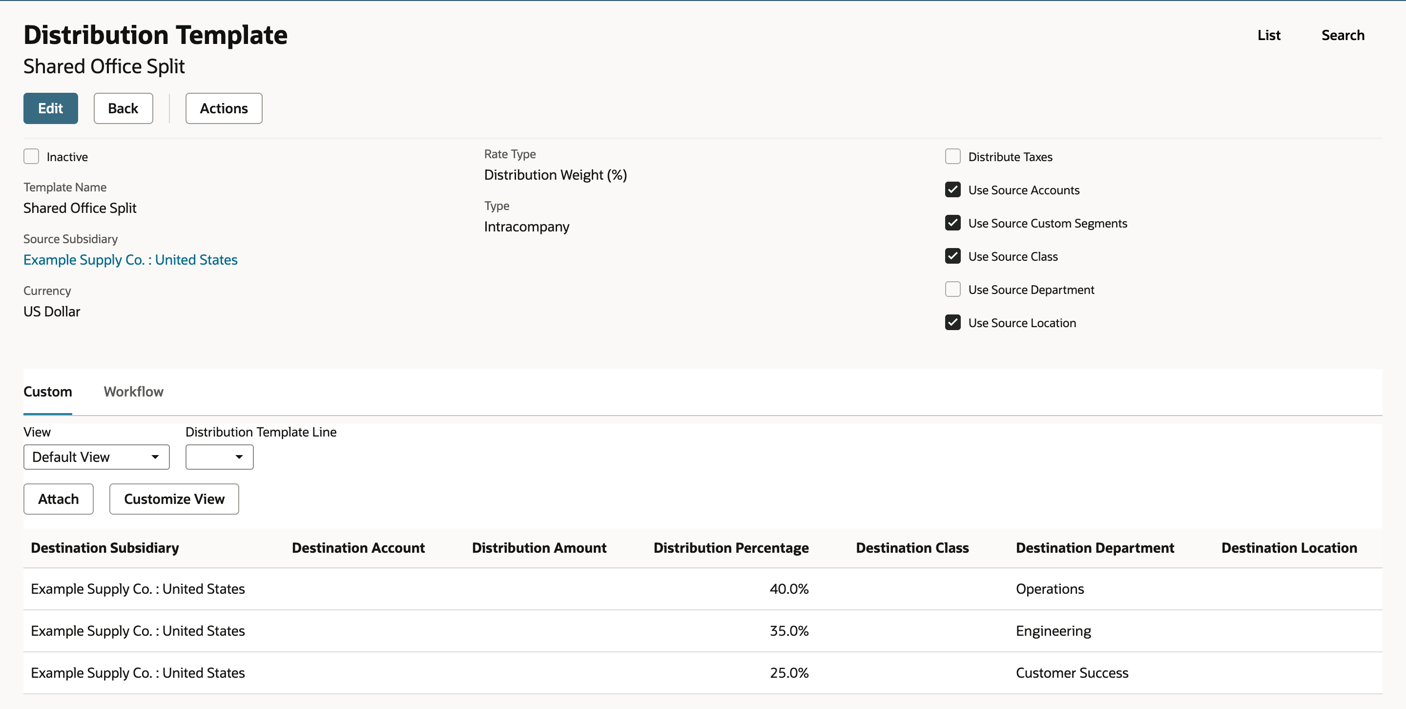 Saved Distribution Template Shared Office Split with Rate Type Distribution Weight (%), Type Intracompany, and three lines at 40.0%, 35.0% and 25.0%.