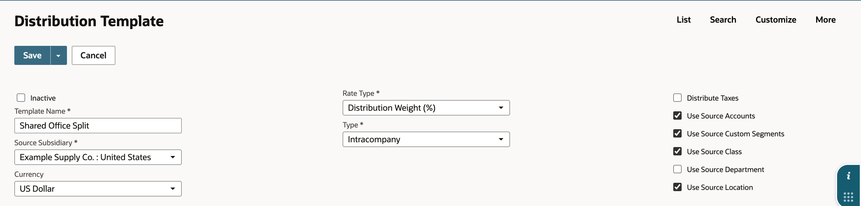 Distribution Template form: Template Name Shared Office Split, Source Subsidiary, Currency US Dollar, Rate Type Distribution Weight (%), Type Intracompany, Use Source Accounts, Custom Segments, Class and Location checked, Use Source Department cleared.
