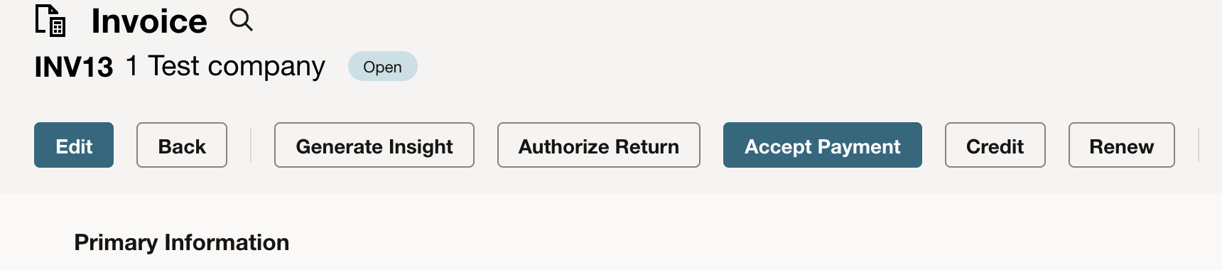 Invoice INV13 button row with Edit, Back, Generate Insight, Authorize Return, Accept Payment, Credit, and Renew.